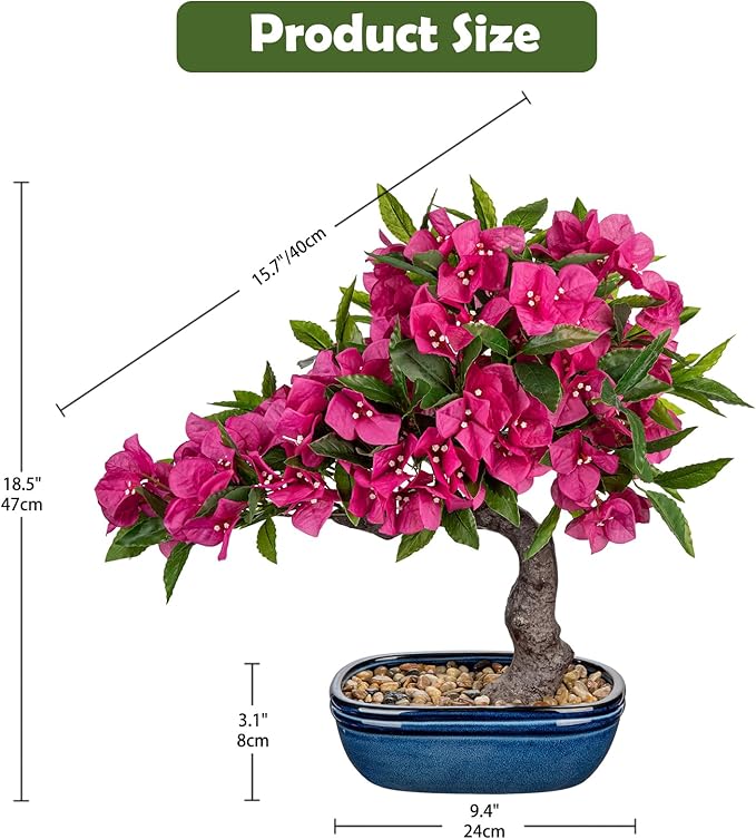Briful Artificial Bougainvillea Bonsai Tree 18.5" Silk Bougainvillea Plant with Blue Pot Fake Bougainvillea Floral Tree for Home Office Room Desk Shelf Zen Décor(Hot Pink)