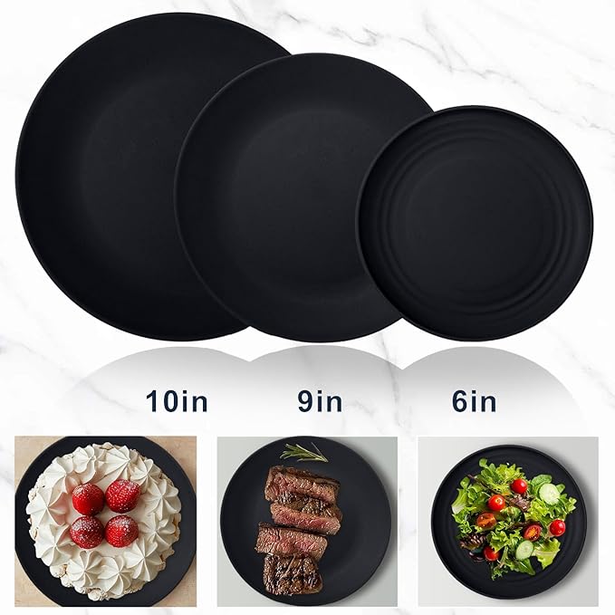 Wrova Wheat Straw Plate and Bowl sets with cups and cutlery set of 64- Unbreakable Dinnerware sets service for 8 - Microwave and Dishwasher safe dish sets for kitchen,camping.Black