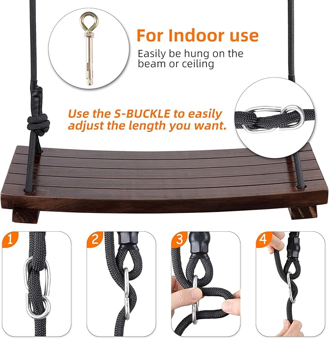 PELLOR Wood Swing Seat, Carbonized Hanging Wood Tree Swing 23.6 x9.8 x1.0 inch for Adult Kids Children Anticorrosive & 100% Waterproof Wooden Swing Set 550 lbs Load Indoor Outdoor Backyard Play