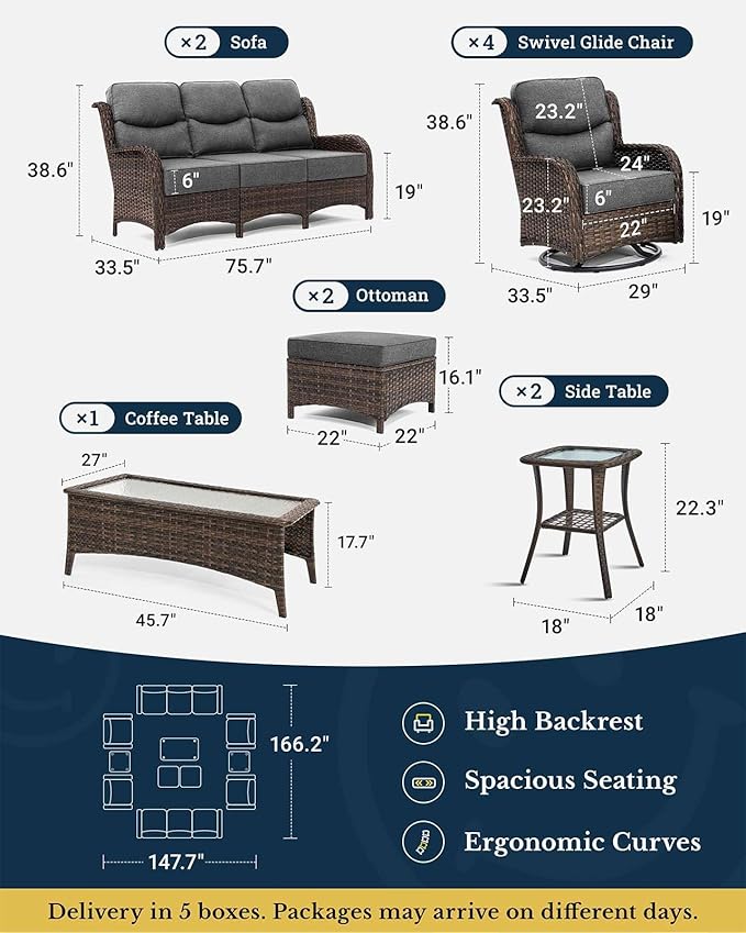 HILLGA Luxury Patio Furniture Set with 6-Inch Thick Cushions, High Back Outdoor Swivel Rocker Chairs and Patio Couch, 11-Piece All Weather Conversation Set for Porch Deck Pool Yard, Dark Grey (V3)