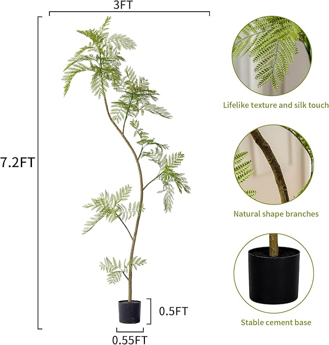 7.2FT Artificial Tree Fake Jacaranda Tree,Faux Tall Tree Lifelike Green Leaves Large Plants Indoor Fake Trees for Home Decor