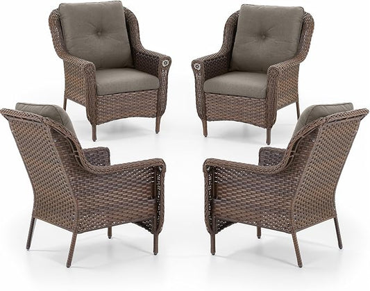 Patio Wicker Chairs Outdoor Furniture Chair - Set of 4 Outside All Weather Lawn Dining Brown Rattan Armchair with High Back&Deep Seating for Deck Porch Balcony Backyard Garden - Grey