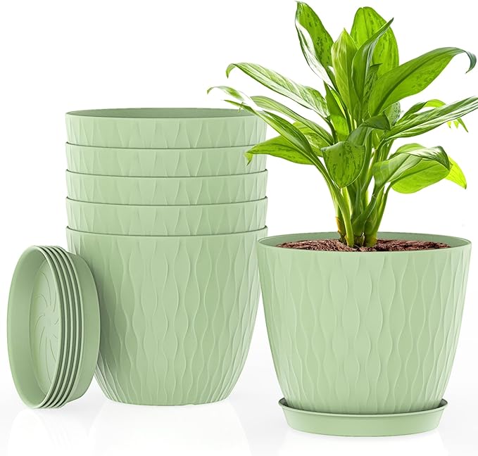 6 Inch Plant Pots, 6 Pack Flower Pots for Indoor and Outdoor Use, Planters with Drainage Holes and Saucers, Green