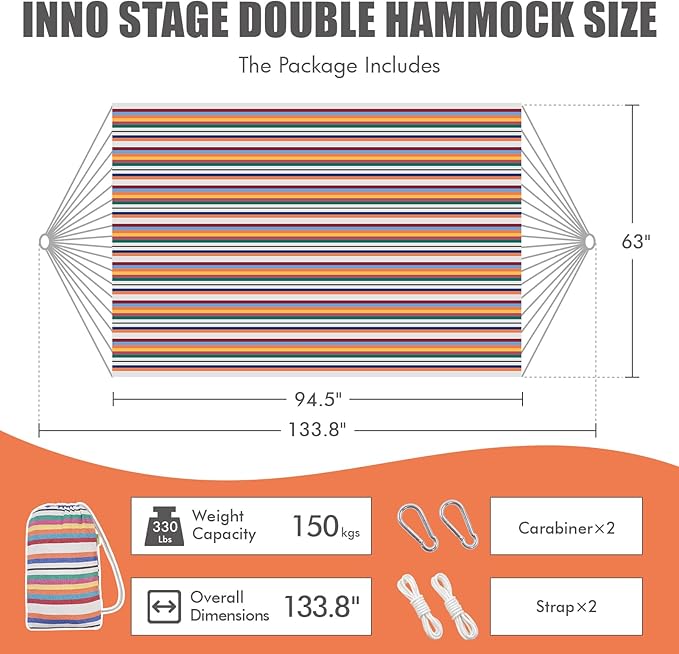 INNO STAGE 2 Persons Hammock with Tree Straps - Brazilian Double Hammock, Portable Hanging Camping Bed for Patio, Backyard, Porch, Outdoor and Indoor Use Soft Cotton Carrying Bag, XX-Large
