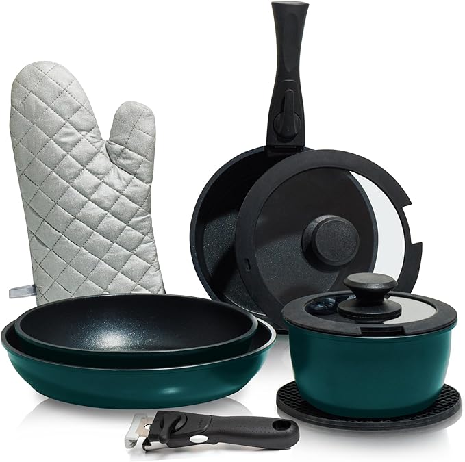 Moss & Stone Aluminum Pots And Pans Set Nonstick, Removable Handle Cookware, Stackable , Dishwasher Safe, Induction Camping Cookware Set. (10 Pieces Blue)