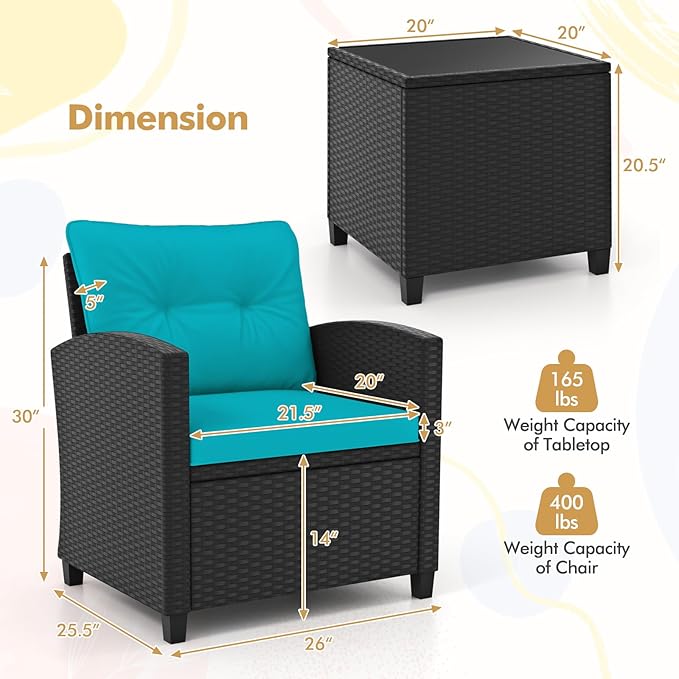HAPPYGRILL 3 Pieces Wicker Patio Conversation Set, PE Rattan Bistro Sofa Set with Tempered Glass Coffee Table, Washable Cushions, Outdoor Furniture Set for Garden Poolside Balcony (Turquoise)
