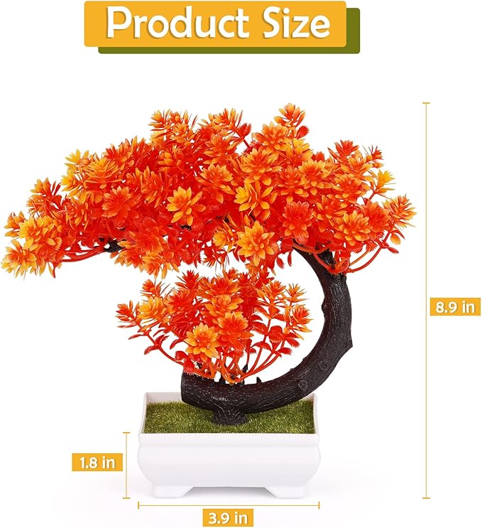 Artificial Bonsai Tree Fake Plant Fake Bonsai Tree with Plastic Pots for Home Decor Desktop Display (C Orange)