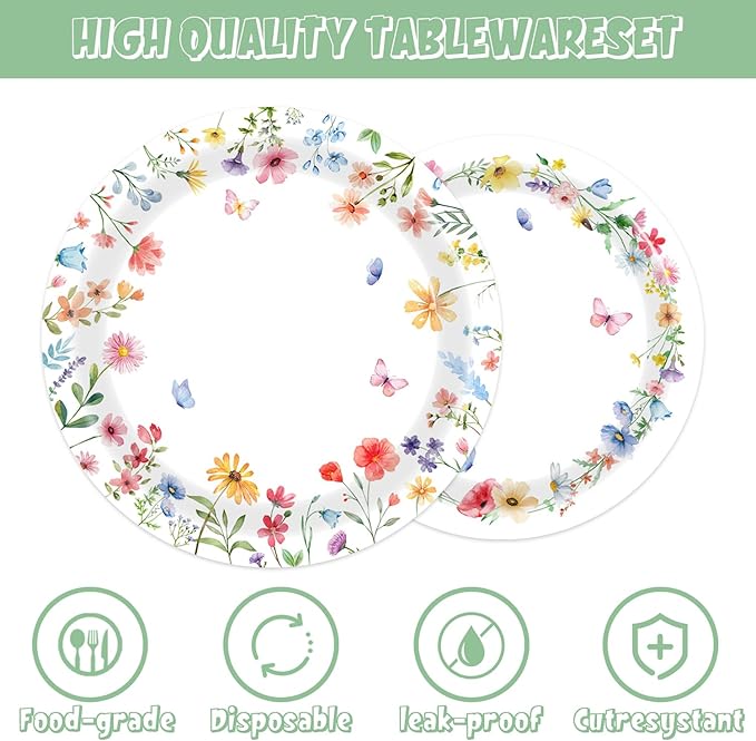 141PCS Wildflower Party Decorations Spring Floral Baby Shower Birthday Decorations - Include Plates and Napkins Forks Cups Straws Tablecloch for Wildflower Baby Shower Decorations Serves 20 Guests