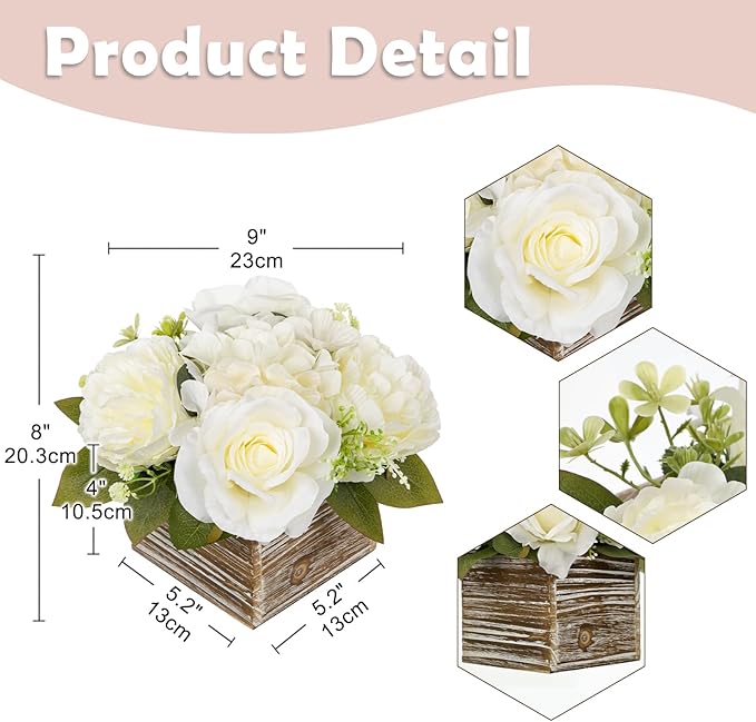 Flower Arrangement with Wooden Vase 8" Artificial Flowers in Pot - Fake Flowers Roses Peonies Hydrangeas in Wooden Vase Potted Artificial Flower Centerpieces for Table Decor Living Room - White