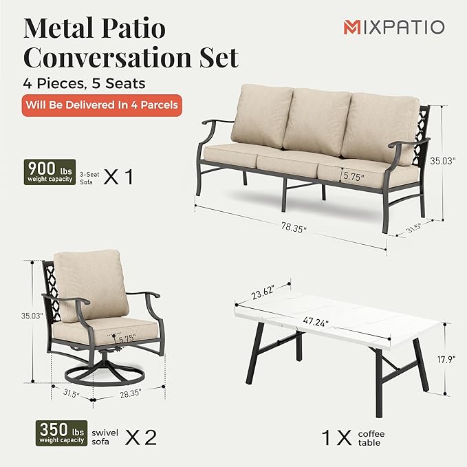 Patio Furniture Set 4 pcs, Metal Outdoor Patio Furniture, 3-Seat Sofa, 2 Swivel Chairs, Metal Coffee Table and 5.75" Extra Thick Cushion, Patio Conversation Set,Beige