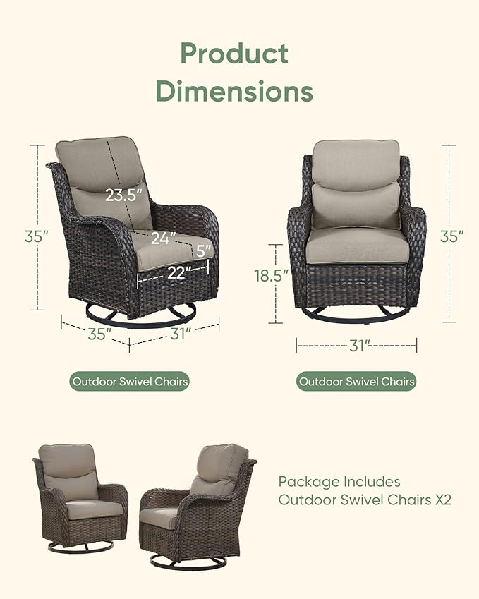 HUMMUH High Back Outdoor Swivel Rocker Patio Chairs Set of 2 with 5-Inch Thick Cushions, All-Weather Wicker Patio Furniture for Porch,Poolside, Deck, and Yard
