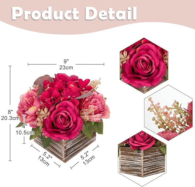 Flower Arrangement with Wooden Vase 8" Artificial Flowers in Pot - Fake Flowers Roses Peonies Hydrangeas in Wooden Vase Potted Artificial Flower Centerpieces for Table Decor Living Room - Hot Pink