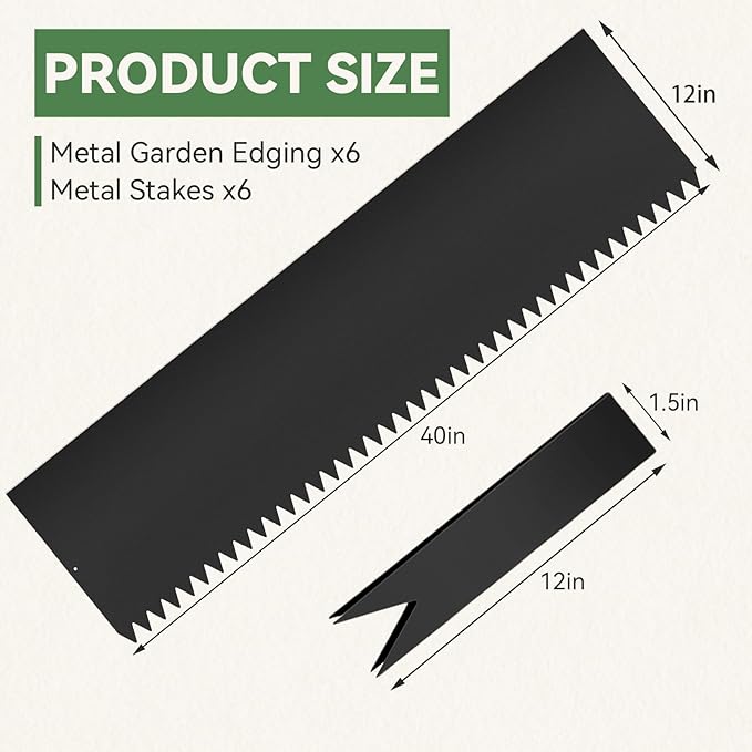 Landscape Edging Kit, 6PCS 40" L x 12.5" H Galvanized Bendable Metal Garden Edging for Lawn Yard, Coated Bendable Metal Strips, No-Dig Hammer-in Edging Border w/Clips（20ft）
