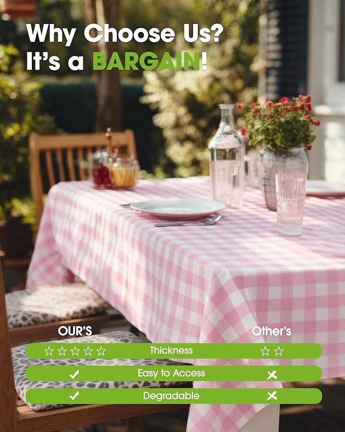 Pureegg Plastic Table Cloth Disposable 8 Pack, 54 x 108 Inch Table Cloths, Party, Picnic, Decorative Gingham Tablecloths, Rectangle, Pink and White Checkered Cover, Leakproof & Sturdy, Pink Plaid