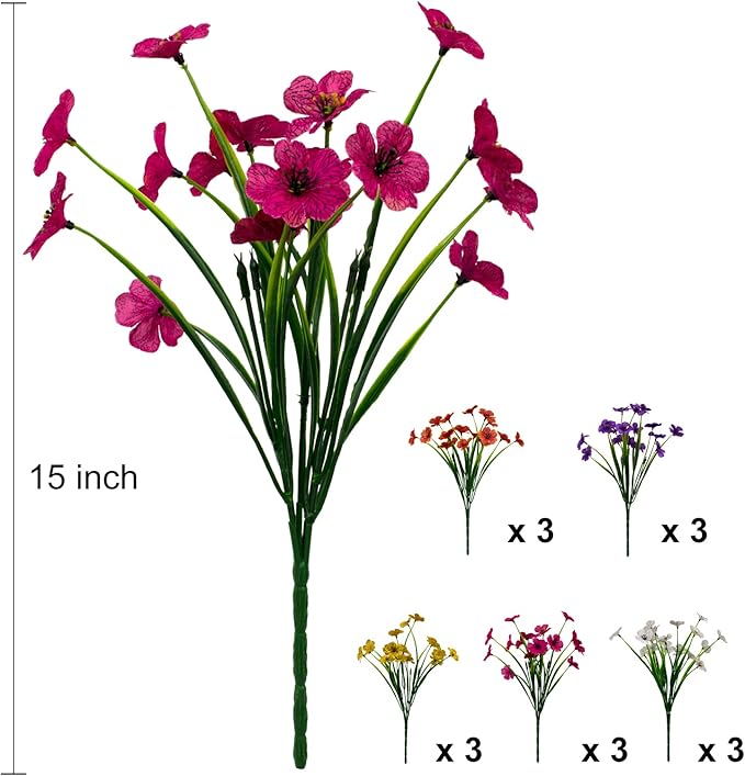 15 Bundles Artificial Flowers Outdoor UV Resistant Fake Silk Plants Plastic Faux Shrubs Outside Front Porch Window Box Garden Home Hanging Planter Decoration (Mixed Color)