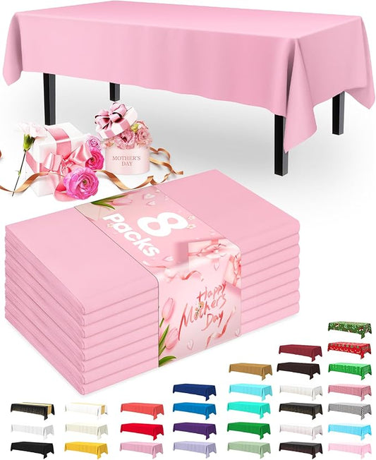 Pureegg Plastic Table Cloth Disposable 8 Pack, 54 x 108 Inch Table Cloths, Easter Party, Valentines, Mothers Day Decorations, Tablecloths, Rectangle, Pastel Plastic Cover, Leakproof & Sturdy, Pink