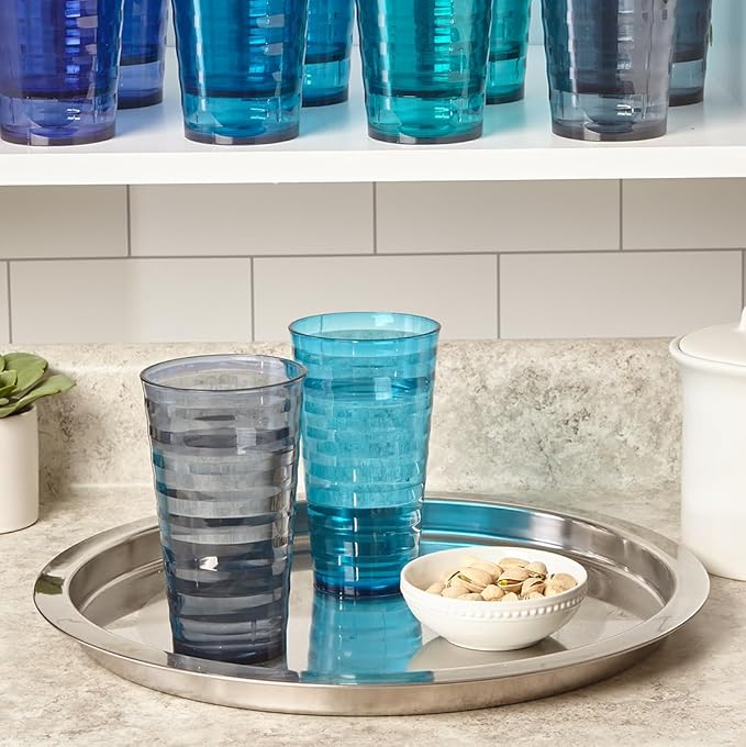 US Acrylic Splash [Set of 16] 18 ounce Plastic Stackable Water Tumblers in 4 Coastal Colors Value Set of Drinking Cups, Reusable, BPA-free, Made in the USA, Top-rack Dishwasher Safe