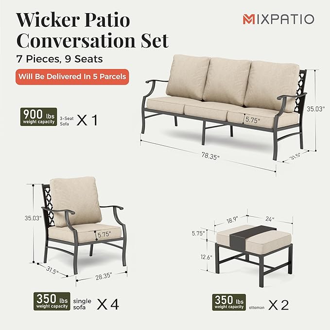 Patio Furniture Set 7 pcs, Outdoor Patio Furniture, 3-Seat Sofa, 4 Single Chairs, 2 Ottomans and 5.75" Extra Thick Cushion, Patio Conversation Set for Garden Backyard Deck,Beige