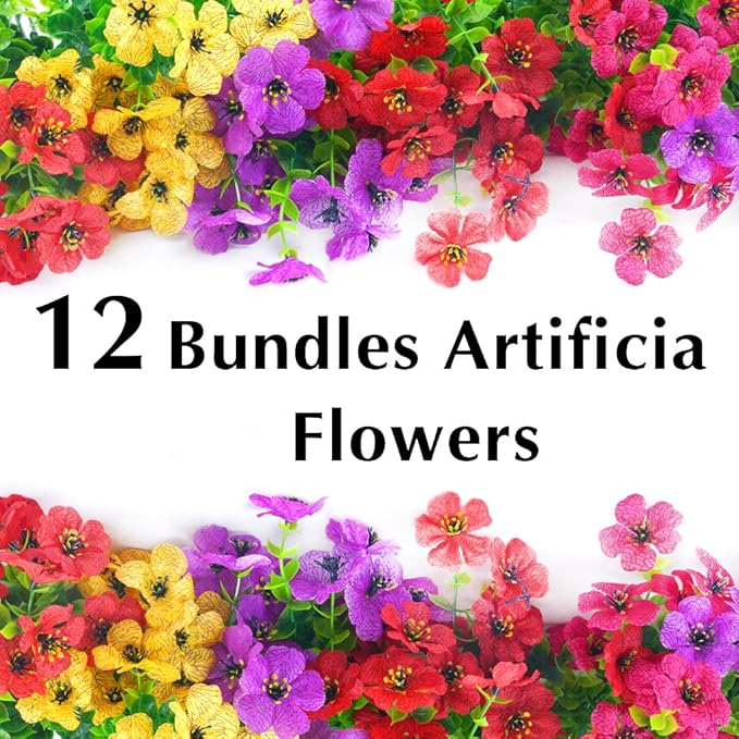 Artificial Flowers for Outdoors, 12 Bundles Outdoor Faux Plants,Uv Resistant Artificial Fake Flowers Plants, Realistic Spring Decor for Porch, Patio, Yard (RedYellowPurple)