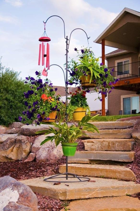 Yard Butler YT-5 Yard Tree Hanging Garden - Three Shepherd Hooks for Outdoor or Indoor Plant Hanging - Two Circular Holders for Plant Pots - Heavy Duty Anti-Tip Base and Steel Center Pole, Black, (IYT5)