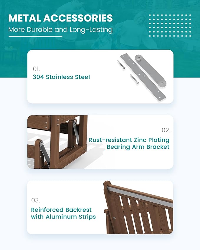 SERWALL Outdoor Glider Bench Set of 2, HDPE Weather-Resistant Swinging Bench for Backyard Garden Porch, Brown