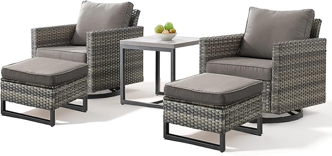 Patio Furniture Set with Swivel Chairs-5 Piece Outdoor Swivel Rocker Patio Chairs with Ottomans Rattan Side Table, Comfy Cushion Outdoor Furniture Set for Porch Deck Garden Backyard(Grey/Grey)