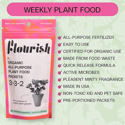 10 Individual Single Use Packets - Flourish Plant Organic All-Purpose Fast Acting Plant Food 3-3-2 Fertilizer for Indoor Plants - CDFA Certified, 0.078 fl oz, (2 Packs of 5 Single Servings) USA Made