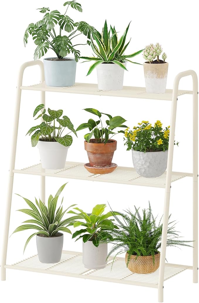 Metal Plant Stand Indoor Outdoor for Multiple Plants,3 Tier Plant Shelf,Large Heavy Duty Flower Holder Ladder Plant for Living Room, Patio, Balcony (White)