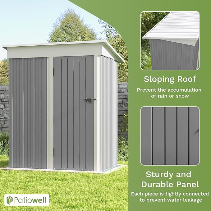 Patiolife 5x3 FT Outdoor Storage Shed, Metal Shed with Lockable Door & Sloping Roof, Steel Tool Shed for Backyard Patio Lawn, Grey