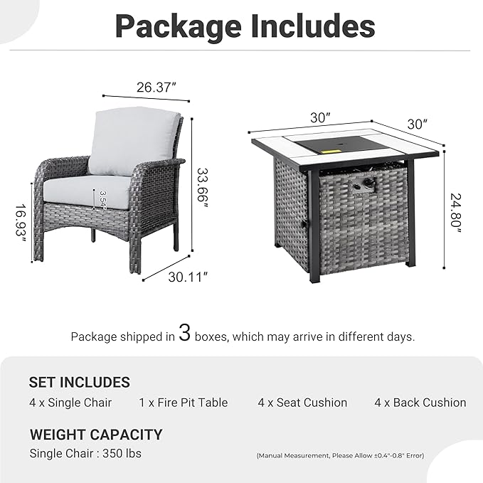 ovios 4 Pieces Patio Furniture Set with 30" Fire Pit Table, Outdoor Wicker Chairs of 4, All Weather High Back Rattan Chairs 4-Seater with Comfy Cushions, Grey