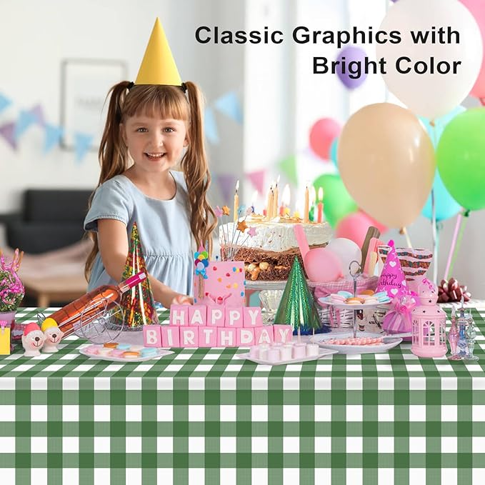 6 Pack Sage Green and White Checkered Tablecloth, Plastic Table Cloths for Parties Disposable, 54x108 in Waterproof Rectangular Gingham Camping Tablecloth for Birthday, Party, Baby Shower