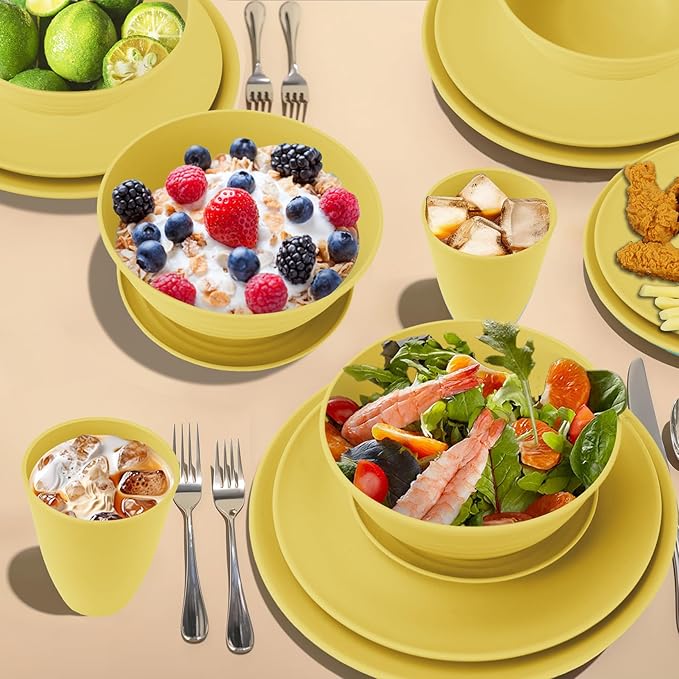 Wrova 40Pack plates and bowls sets for kids - Unbreakable wheat straw dinnerware sets service for 8 - Alternative plastic 40pcs dish sets for kitchen, camping and indoors dinning - (Yellow)