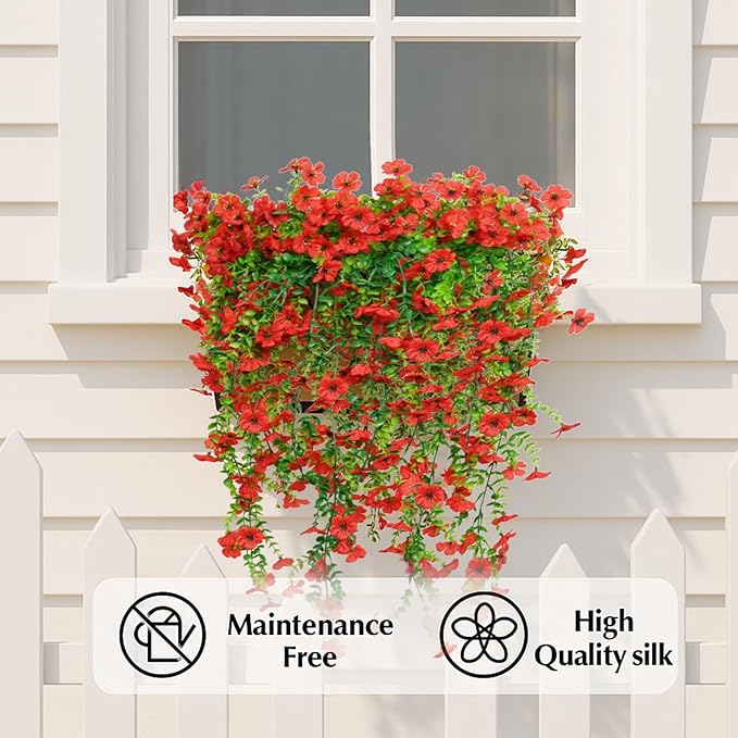 8PCS Artificial Flowers for Outdoors,Hanging Outdoor Faux Plants,UV Resistant Fake Flowers for Outdoor Planters,Realistic Fake Plants Spring Decor for Porch,Patio,Yard (Red)