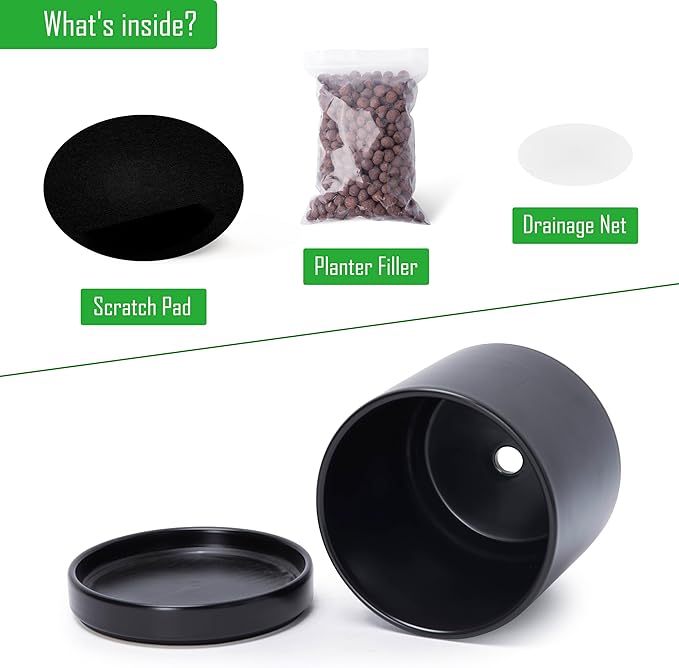 D'vine Dev 8.2 Inch Ceramic Planter Pot with Drainage Hole and Saucer, Indoor Cylinder Round Planter Pot, Black, 94-O-D-2