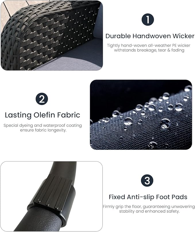 LayinSun 7 Piece Wicker Outdoor Furniture Set with 6-inch Comfy Cushions, High Back Patio Furniture Set with Rattan Armchairs and Fire Pit Table