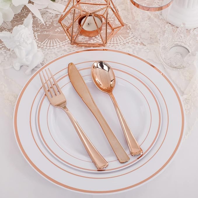 WELLIFE 150 Pcs Rose Gold Plastic Plates with Disposable Rose Gold Cutlery, Includes: 25 Dinner Plate 10.25", 25 Dessert Plates 7.5", 25 Cups 9OZ and 25 Silverware for Wedding