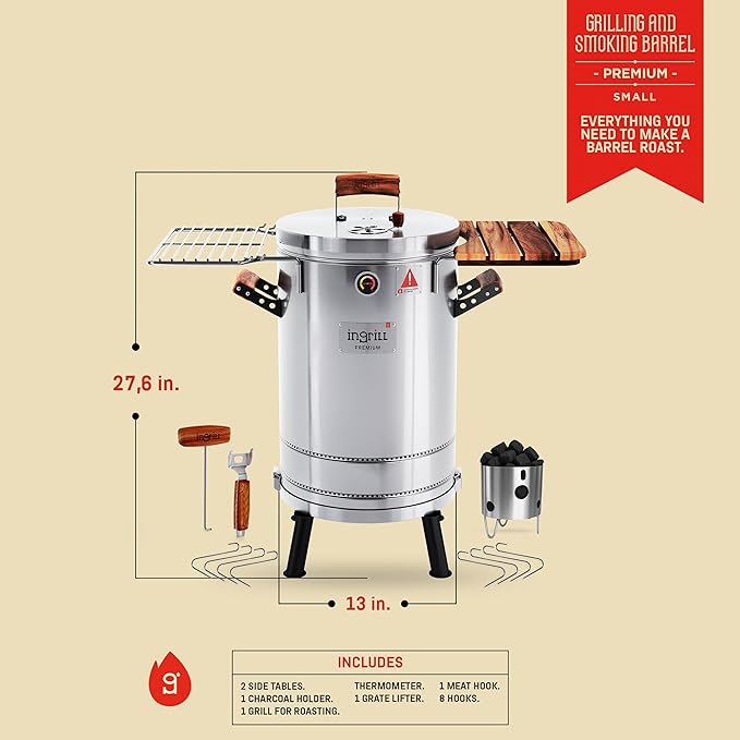 Charcoal Grills - 12 lbs Stainless Steel Smoker Grill 3-in-1 for Cooking & Home BBQ - Portable Vertical Smoker Barrel for Outdoor Grilling & Camping - Meat Grill with Thermometer & Accessories