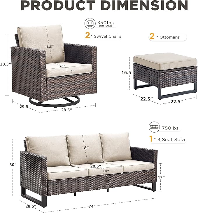 5 Pieces Patio Furniture Sets-High Back Outdoor Wicker Chairs with Sectional Sofa and Comfy Ottomans All Weather Patio Conversation Set for Porch Deck Garden Backyard(Brown/Beige)