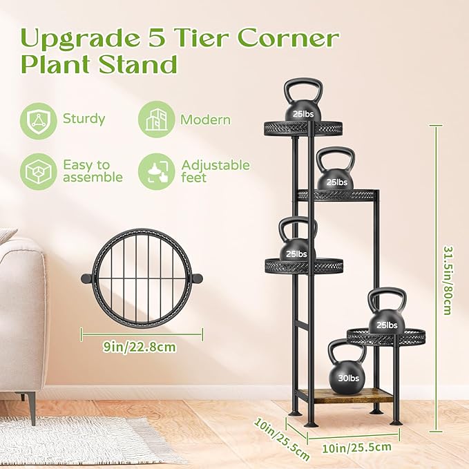 5 Tier Plant Stand Indoor Outdoor, Tierd Corner Metal Plant Stands Holder for Multiple Plants, Flower Orchid Pot Shelf Display Rack for Living Room Balcony Garden Patio, Black (5 tier-Hollow Black)