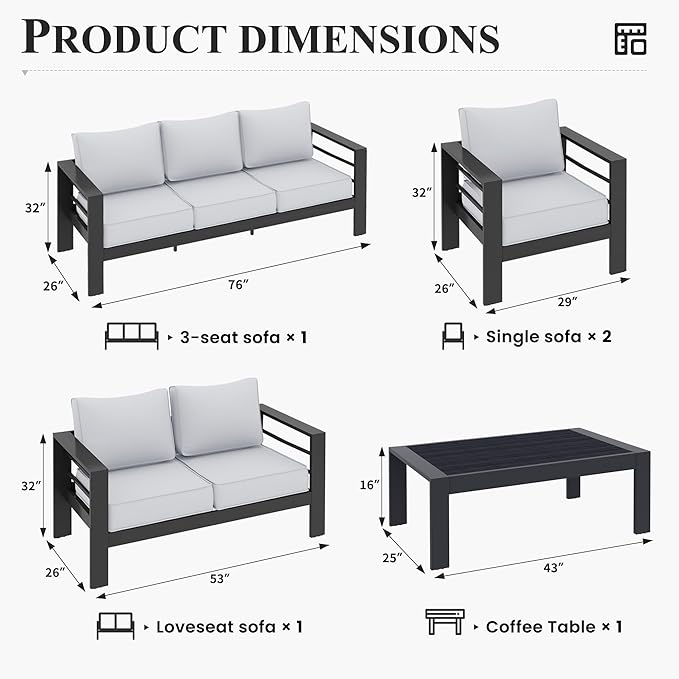 Aluminum Patio Furniture Set, 8 Piece Metal Outdoor Furniture Set, Patio Set with Waterproof Covers for Backyard Garden