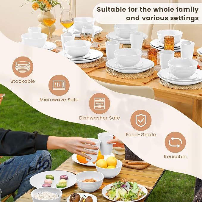 Homienly 40- Pieces Wheat Straw Dinnerware Set, Service for 8, Lightweight Roud Plates and Bowls Set, Unbreakable Dishes Set- Dinner Plates, Bowls, Cups,Microwave and Dishwasher Safe(White)