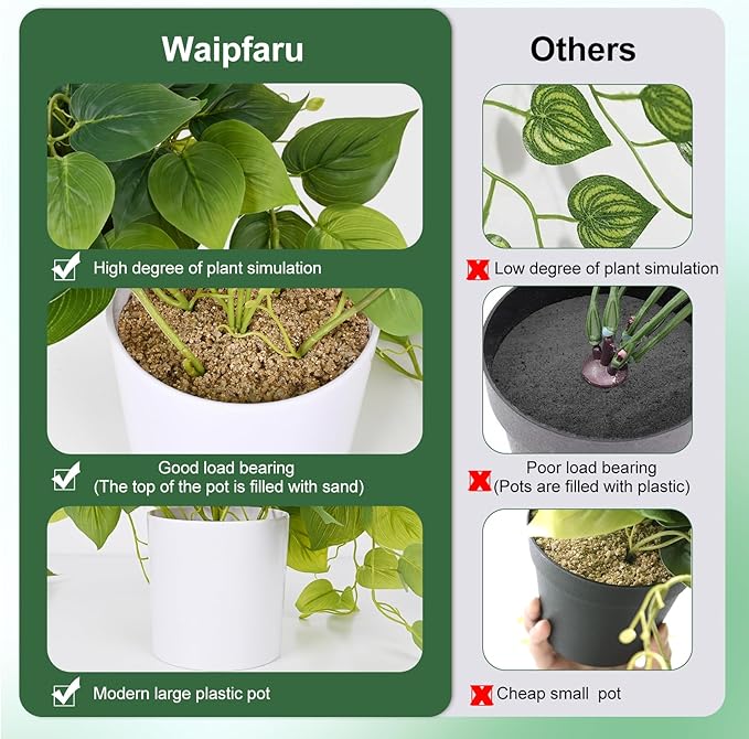 Waipfaru Faux Plants Indoor with Plastic Pots, Realistic Small Fake Plants, Fake Plants with Pothos, Fake Potted Plants, Artificial Plant for Home Shelf Bathroom Kitchen Office Indoor Outdoor Decor