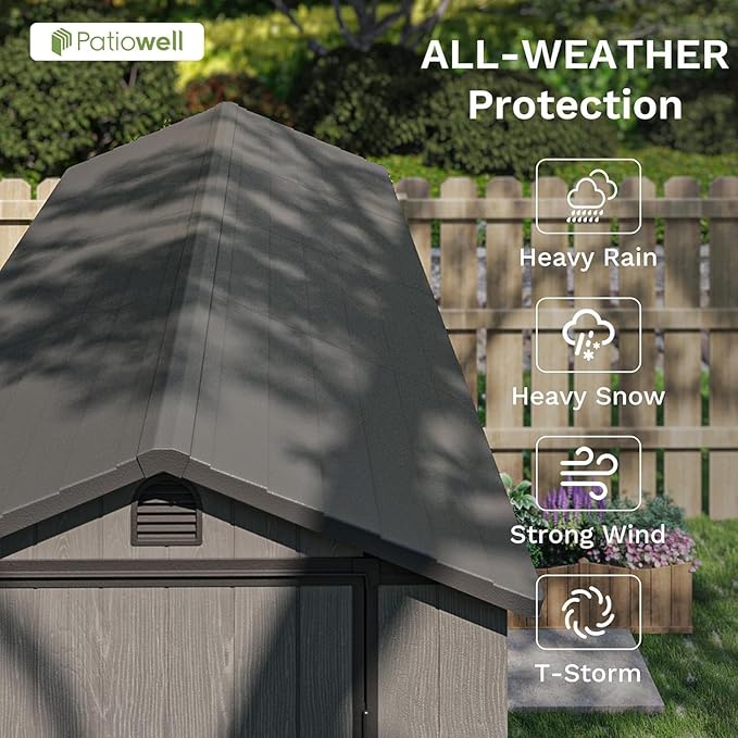 Patiowell 4 x 8 FT Plastic Outdoor Storage Shed with Floor, Garden Tool Shed with Two Windows and Single Lockable Door for Garden, Backyard, Lawn, Easy to Install (Deep Grey) (Fit-it Shed)