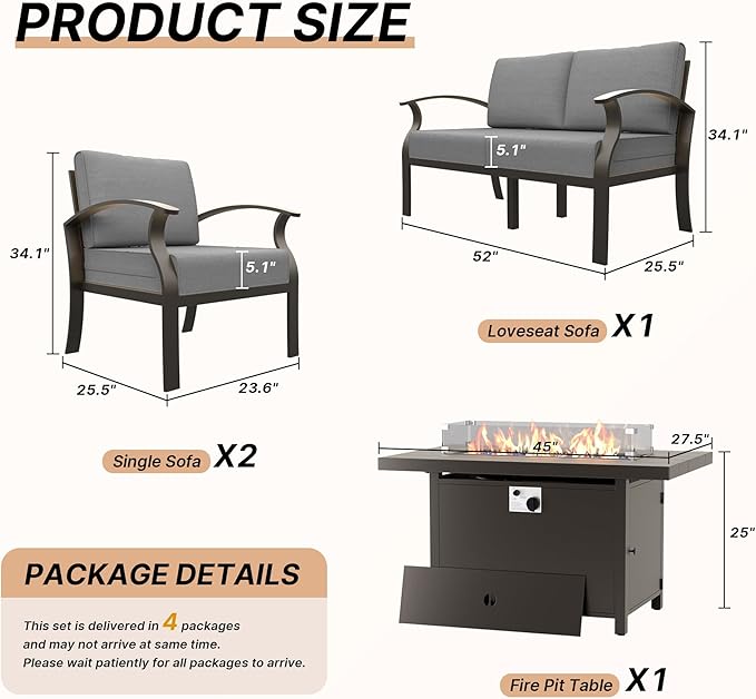 Kurapika Aluminum Patio Furniture Set 4-Seat Modern Metal Outdoor Conversation Sets w/45in Propane Fire Pit Table and Loveseat Sofa, Patio Sectional Sofa w/5.1 Inch Cushion, Grey