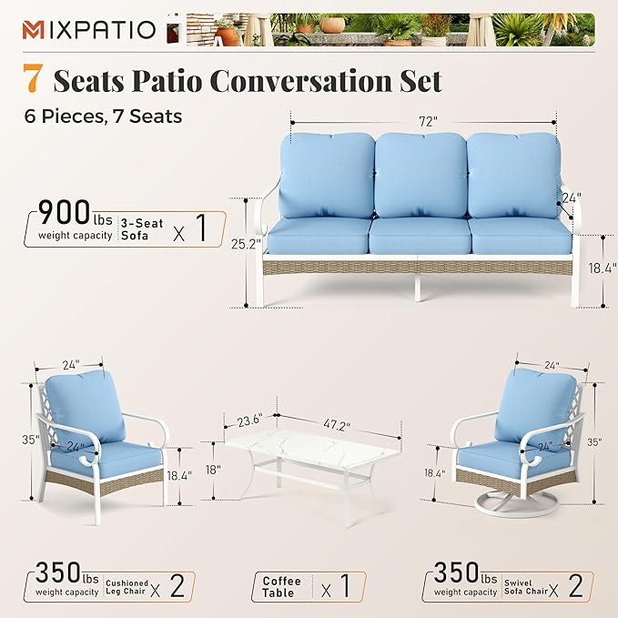 6 Piece Patio Furniture Set, 2 x Fixed Chair, 2 x Swivel Chair, 1 x 3-Seat Sofa with Marbling Coffee Table, All Cushioned 7 Seats Outdoor Conversation Set for Lawn Garden Backyard, Blue