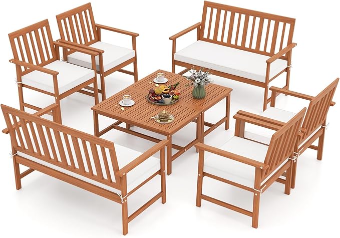 Tangkula 4-Piece Acacia Wood Patio Conversation Set, Outdoor Furniture Set with 2 Armchairs, Loveseat, Coffee Table, Soft Cushions, Slatted Sofa and Chairs Set for Deck, Backyard (Off White,2)