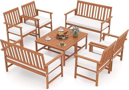 Tangkula 4-Piece Acacia Wood Patio Conversation Set, Outdoor Furniture Set with 2 Armchairs, Loveseat, Coffee Table, Soft Cushions, Slatted Sofa and Chairs Set for Deck, Backyard (Off White,2)