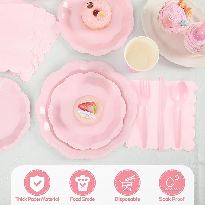 175 Pcs Light Pink Plates and Napkins Set, 25 Guest Pink Party Supplies Include Scalloped Plate Napkin Cup Forks Knives Disposable Plastic Cutlery for Wedding Baby Shower Birthday Party