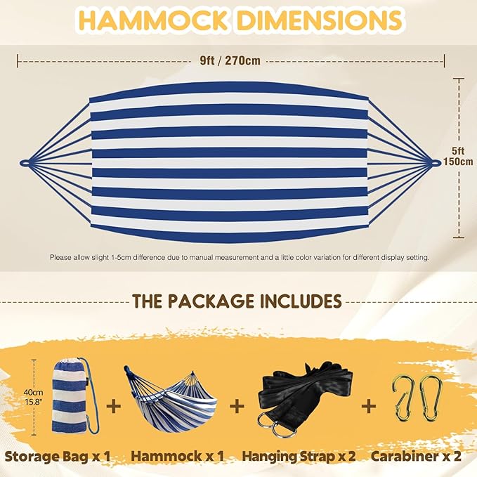 ANYOO Cotton Hammock Portable Camping Hammocks for Hanging Sturdy Garden Comfortable Fabric Hammock with Tree Straps Up to 660lbs with Travel Bag for Camping Outdoor/Indoor Patio Backyard