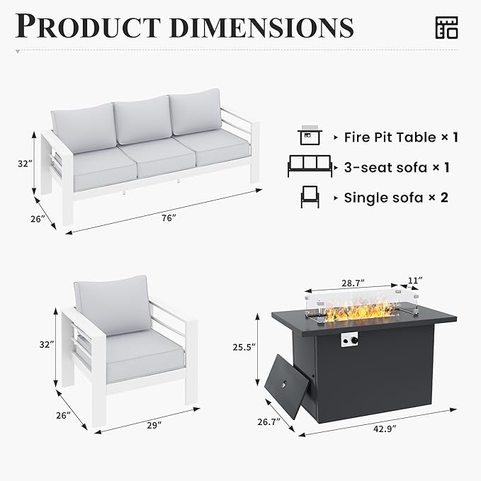 Patio Furniture Set with Fire Pit Table, Aluminum Patio Furniture Set,White Outdoor Metal Sectional Sofa with Aluminum Fire Pit Table for Garden Backyard (Include Waterproof Cover)